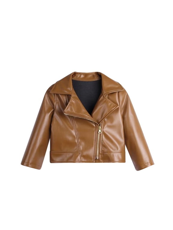 Toddler Girl's PU Leather Jacket Zip Up Long Sleeve Collared Biker Outerwear Lightweight Coat Streetwear 2-8 Years