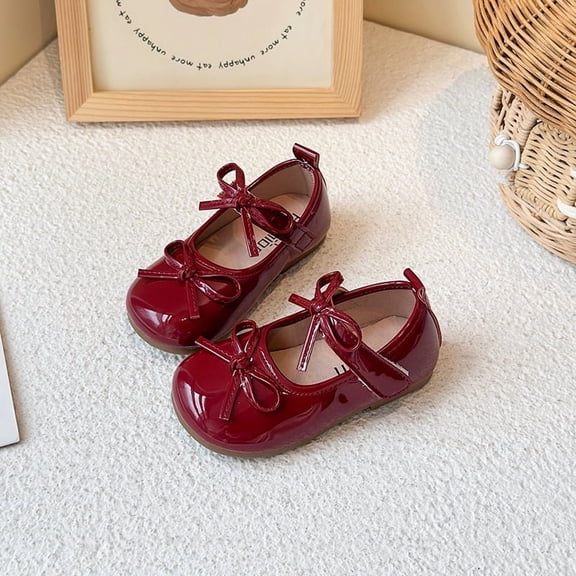 Toddler Girl’s Patent Leather Mary Jane Shoes, Burgundy, Bow Accent, Toddler shoes