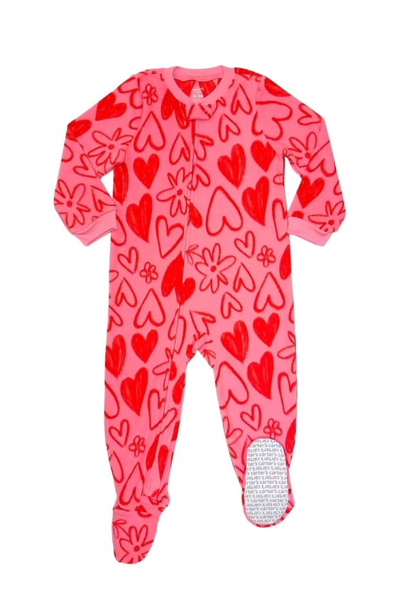 Toddler Girl's Pink Valentine's Hearts Print Fleece Footed Pajama Sleeper, Size 2T