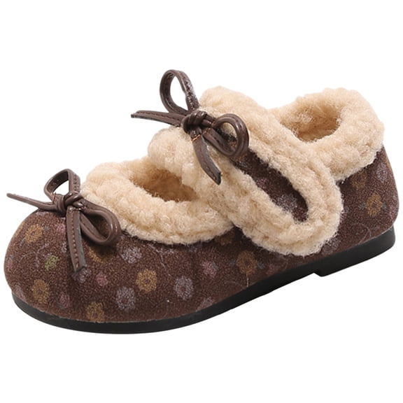 Toddler Girl's Retro Suede Mary Jane Shoes Kids Round Toe Winter Plush Cute Bowknot Floral Print Slip On Loafers Brown Size 6 Toddler