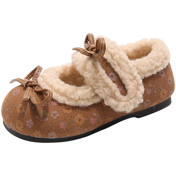 Toddler Girl's Retro Suede Mary Jane Shoes Kids Round Toe Winter Plush Cute Bowknot Floral Print Slip On Loafers Brown Size 8.5 Toddler