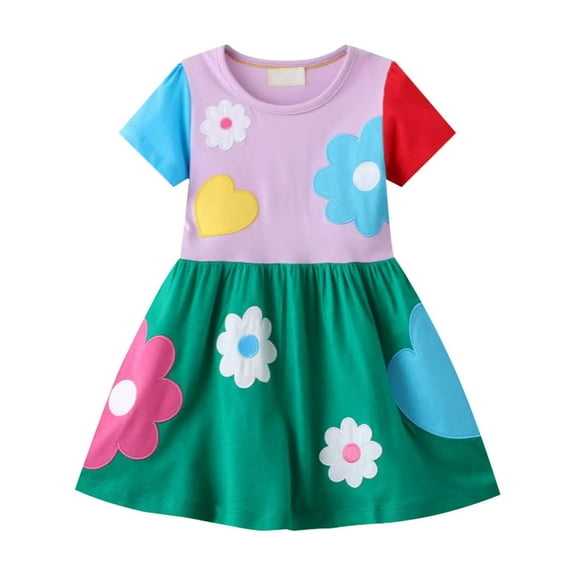 Toddler Girl's Short Sleeve Dress Summer Cotton Casual Swing Skirt for Holiday Theme Party Dress 2 to 8 Years