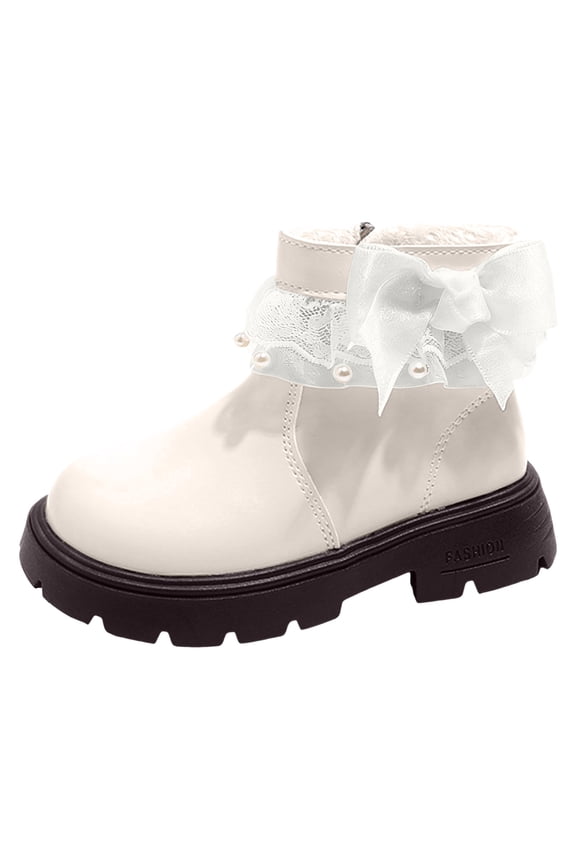 Toddler Girl's Sweet Lace Ankle Boots Fleece Lined Pearl Bowknot Winter Boots Side Zipper Kids Mid Wide Calf Riding BootiesBeige Size 8 Toddler