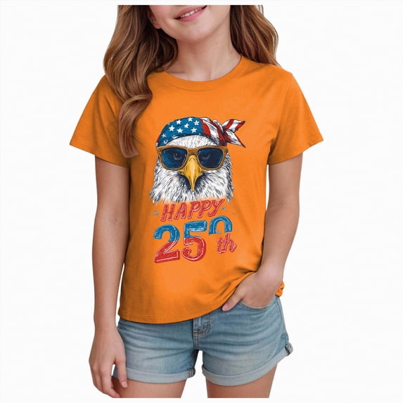 Toddler Girl's USA 250th Anniversary T Shirt Patriotic American Flag Eagle Graphic Soft Short Sleeve Tee for 1776-2026 US 250th Anniversary Gibobby,9-10 Years,Orange