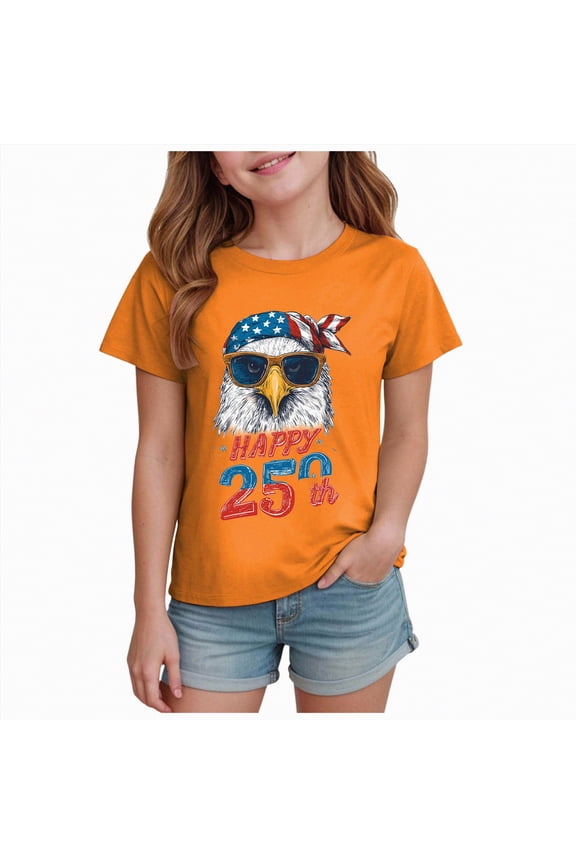 Toddler Girl's USA 250th Anniversary T Shirt Patriotic American Flag Eagle Graphic Soft Short Sleeve Tee for 1776-2026 US 250th Anniversary Gibobby,9-10 Years,Orange