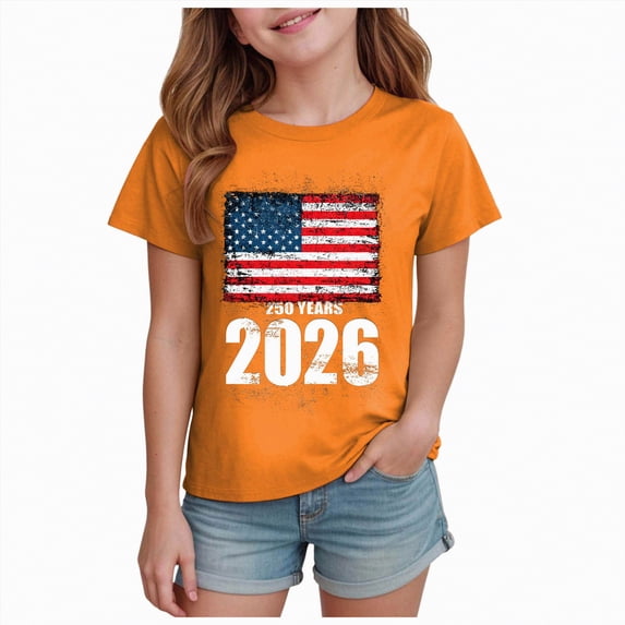 Toddler Girl's USA 250th Anniversary T Shirt Patriotic American Flag Print Short Sleeve Tee Soft Casual Tops for 1776-2026 America Celebration Gibobby,2-3 Years,Orange