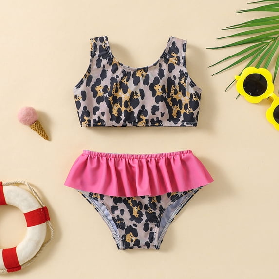 Toddler Girls 2-Piece Bikini Swimsuit Leopard Cheetah Printed Ruffle Bikini Top and Bottoms Set