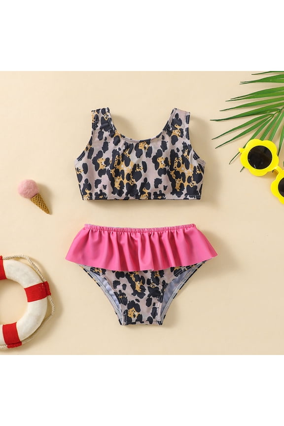 Toddler Girls 2-Piece Bikini Swimsuit Leopard Cheetah Printed Ruffle Trim Bikini Top and Bottoms Set
