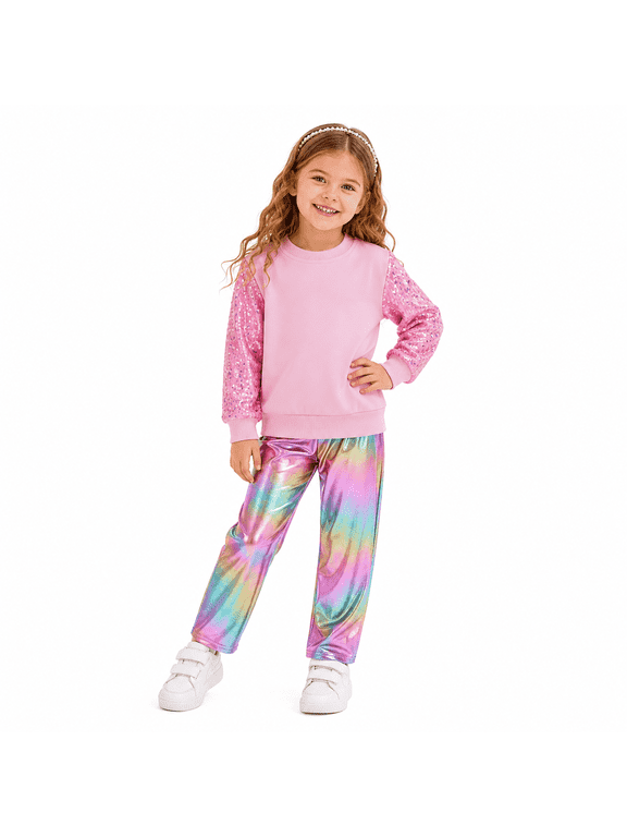 Toddler Girls 2 Piece Cute Outfits, Sequin Sleeve Crewneck Sweatshirt with Hip Hop Jogger Pants Kids Clothing Set for Spring Fall Winter 7-8 Years, Pink Sequin