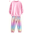 thumbnail image 1 of Toddler Girls 2 Piece Cute Outfits, Sequin Sleeve Crewneck Sweatshirt with Hip Hop Jogger Pants Kids Clothing Set for Spring Fall Winter 8-9 Years, Pink Sequin, 1 of 1