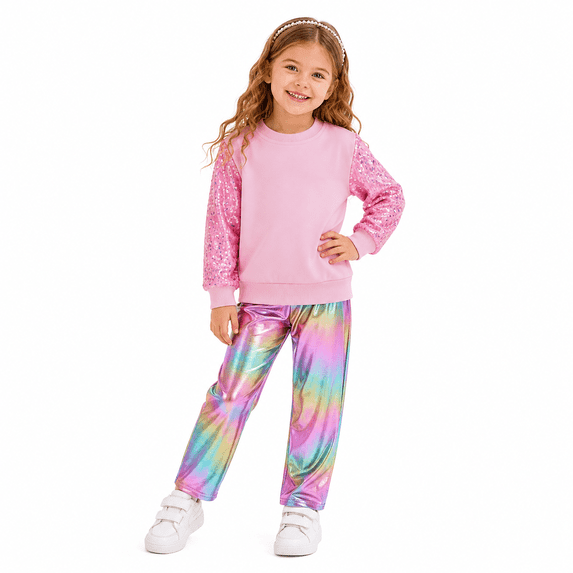 Toddler Girls 2 Piece Cute Outfits, Sequin Sleeve Crewneck Sweatshirt with Hip Hop Jogger Pants Kids Clothing Set for Spring Fall Winter 8-9 Years, Pink Sequin