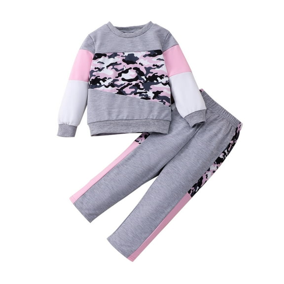 Toddler Girls 2 Piece Cute Outfits Set Gray Leopard Color Block Crewneck Sweatshirt with Jogger Pants Kids Clothing Set 4-5 T
