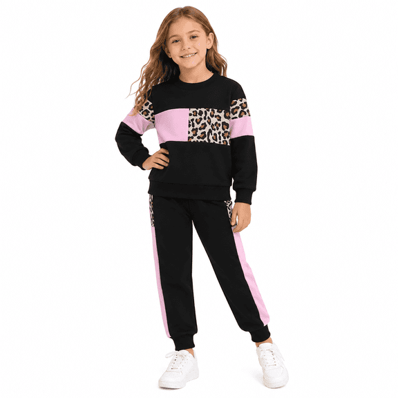 Toddler Girls 2 Piece Cute Outfits Set Leopard Pink Color Block Crewneck Sweatshirt with Jogger Pants Kids Clothing Set 3-4 T