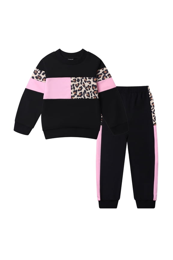 Toddler Girls 2 Piece Cute Outfits Set Leopard Pink Color Block Crewneck Sweatshirt with Jogger Pants Kids Clothing Set 4-5 T