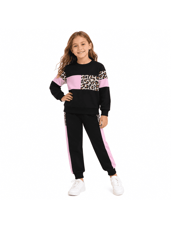 Toddler Girls 2 Piece Cute Outfits Set Leopard Pink Color Block Crewneck Sweatshirt with Jogger Pants Kids Clothing Set 8-9 Y
