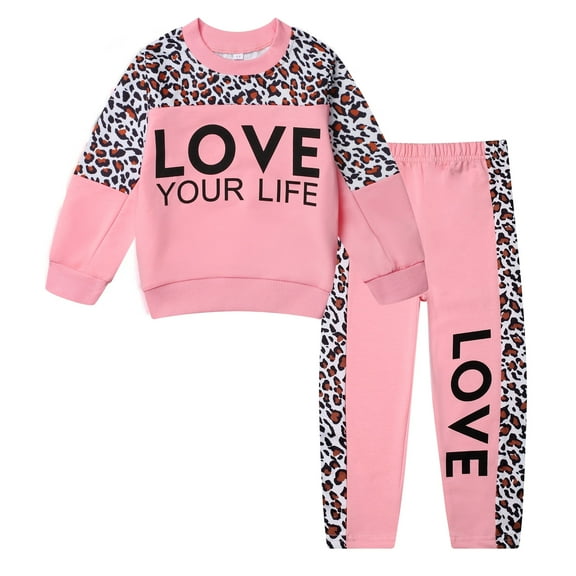 Toddler Girls 2 Piece Cute Outfits Set Leopard Pink Love Crewneck Sweatshirt with Jogger Pants Kids Clothing Set 8-9 Y