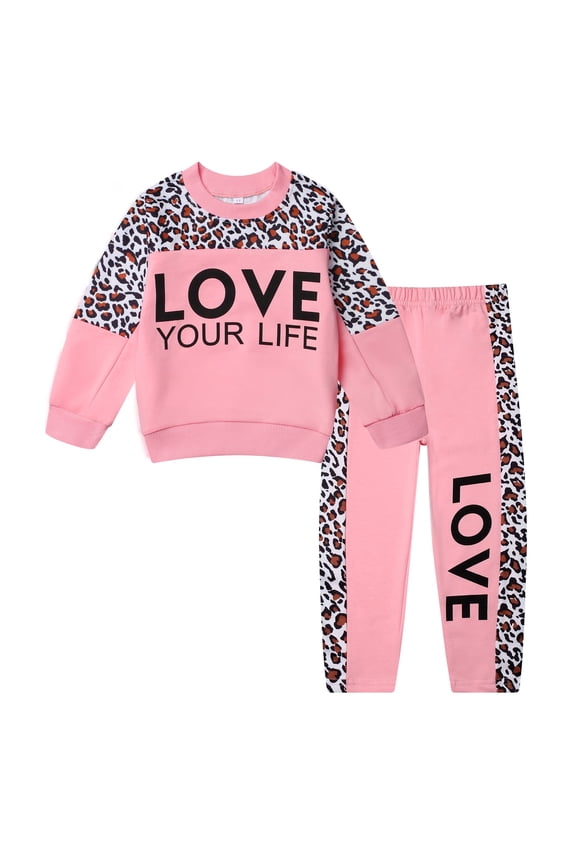 Toddler Girls 2 Piece Cute Outfits Set Leopard Pink Love Crewneck Sweatshirt with Jogger Pants Kids Clothing Set 8-9 Y