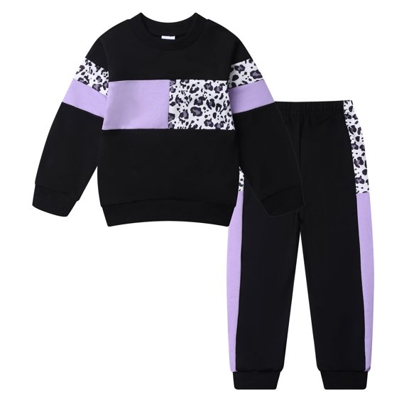 Toddler Girls 2 Piece Cute Outfits Set Leopard Purple Color Block Crewneck Sweatshirt with Jogger Pants Kids Clothing Set 3-4 T