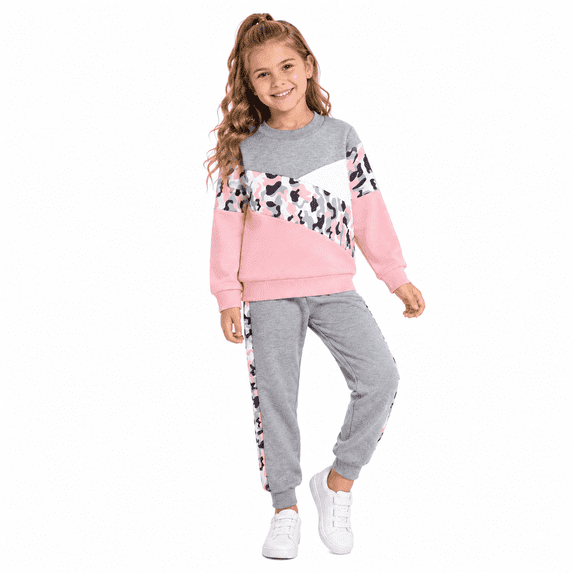 Toddler Girls 2 Piece Cute Outfits Set Pink Leopard Color Block Crewneck Sweatshirt with Jogger Pants Kids Clothing Set 2-3 T