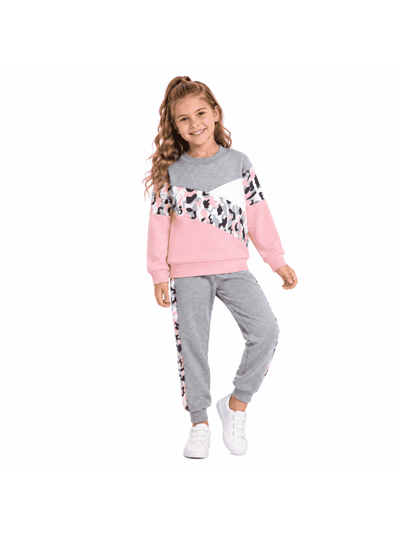 Toddler Girls 2 Piece Cute Outfits Set Pink Leopard Color Block Crewneck Sweatshirt with Jogger Pants Kids Clothing Set 3-4 T