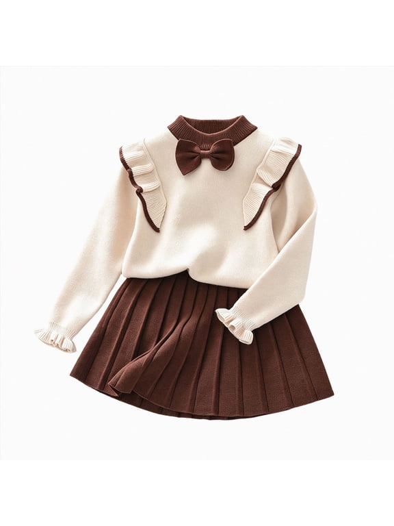 Toddler Girls 2 Piece Knit Outfit Set Ruffle Bow Decor Long Sleeve Sweater Skirt Soft Knitted Spring Fall Birthday Party Winter Clothes Sets Kaprioy Girls Clothes Fall Winter