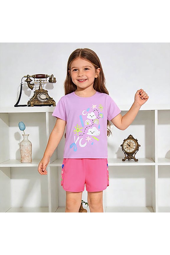 Toddler Girls 2 Piece Outfit Set Summer Cute Cloud Rainbow Sun Print Short Sleeve Tee Embroidered Side Detail Shorts Casual Wear,Pink,100