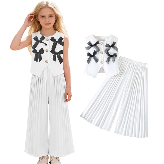 Toddler Girls 2 Piece Outfits Bow Sleeveless Vest and Wide Leg Pants Set Girls Summer Clothes Cute Clothes for Girls 2-3 Years