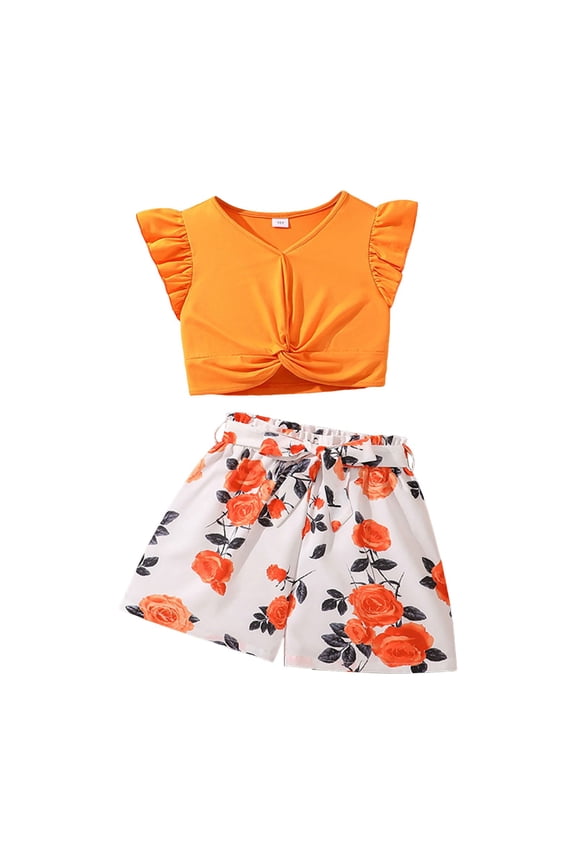 Toddler Girls 2 Piece Outfits Short Sleeve Ruched Drawstring Crewneck Tops and Wide Leg Pants with Pockets Clothing Sets Gibobby(13-14,Orange)