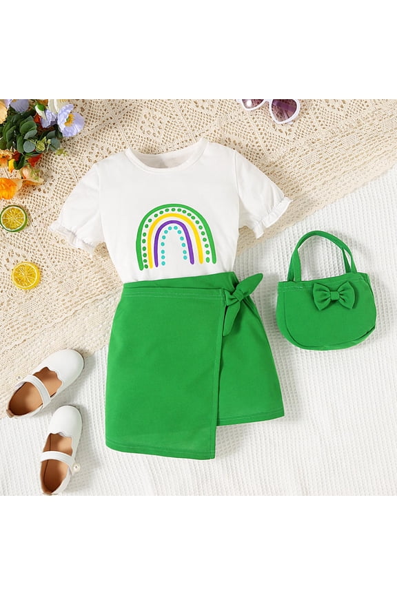 Toddler Girls 2-Piece Summer Outfits Rainbow Printed Crewneck T-Shirt and Apron Overalls Skirt Pack