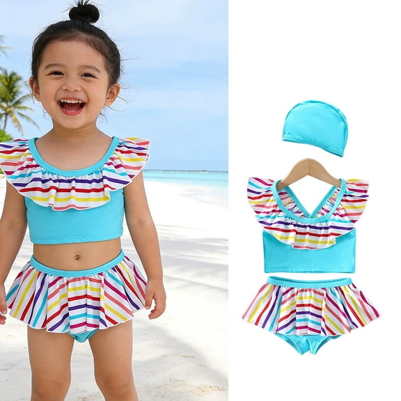 Toddler Girls 2 Piece Swimsuit Bikini Set Ruffles Striped Swimsuits Cute Summer Bathing Suits Clothes for Girls 1-2 Years