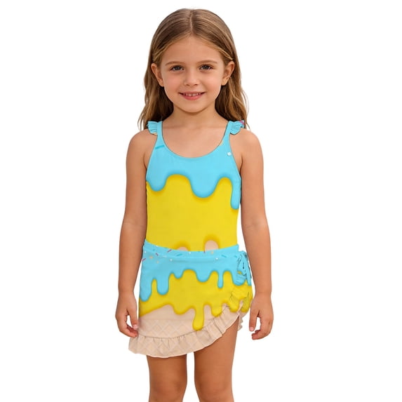 Toddler Girls 2 Piece Swimsuit Ice Cream Print Ruffle Skirted Bathing Suit Cute Summer Beach Pool Swimwear Set Size 4-8Y Sky Blue