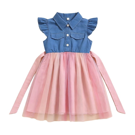 Toddler Girls 2 Pieces Outfits Crew Neck Flutter Sleeve Patchwork Denim Gradient Mesh Dress Kids Clothing Sets Size 2-3T