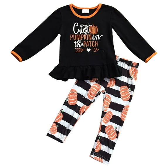 Toddler Girls 2 Pieces Set Halloween Pumpkin Outfit Long Sleeve Top Pants Clothing Black 2T XS (P201696P)
