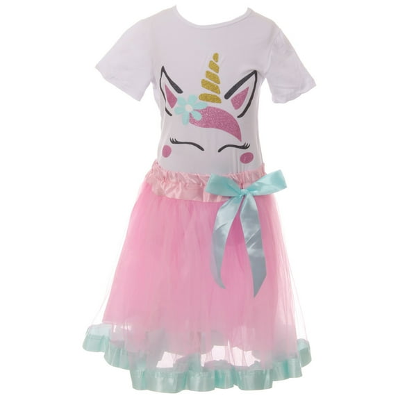Toddler Girls 2 Pieces Skirt Set Unicorn T-Shirt Top Tutu Tulle Party Skirt Set White 2T XS (P201492P)