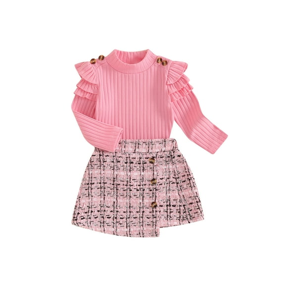Toddler Girls 2Pcs Fall Outfits Ruffle Long Sleeve Ribbed Tops   Tweed Skirt Set Baby Clothes