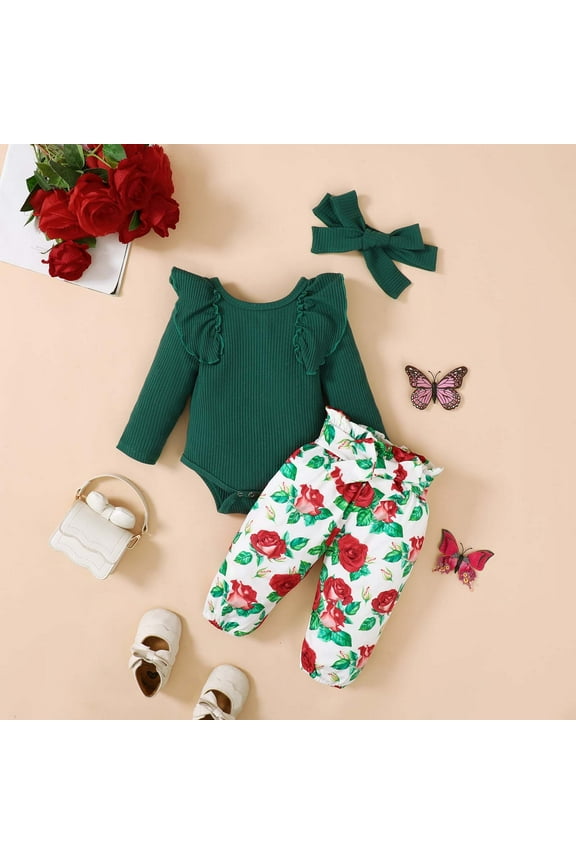 Toddler Girls 3 Piece Outfit Long Sleeve Ruffle Bodysuit Baby Girl Floral Pants Set Solid Ribbed Tops Infant Headbands for Baby Girl