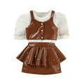 thumbnail image 1 of Toddler Girls 3 Piece Outfits Leather Crop Tops Ruffled Bodycon Skirts with Puff Sleeve Ribbed Tops Party Dressy Coffee, 3 Y, 1 of 7