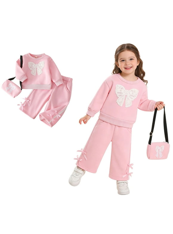 Toddler Girls 3 Piece Outfits Long Sleeve Bow Sweatshirt and Sweatpants Set Spring Clothes 2-3 Years Old Girl Clothes
