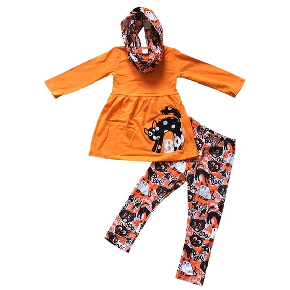 Toddler Girls 3 Pieces Set Halloween Boo Cat Top Pants Scarf Kids Outfit Orange 2T XS (P500081P)