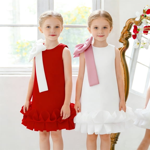 Toddler Girls 3D Bow Formal Gown With Waistband Pleated Lace Airy Layered Puffy Skirt Formal Dress White 3 Y-4 Y