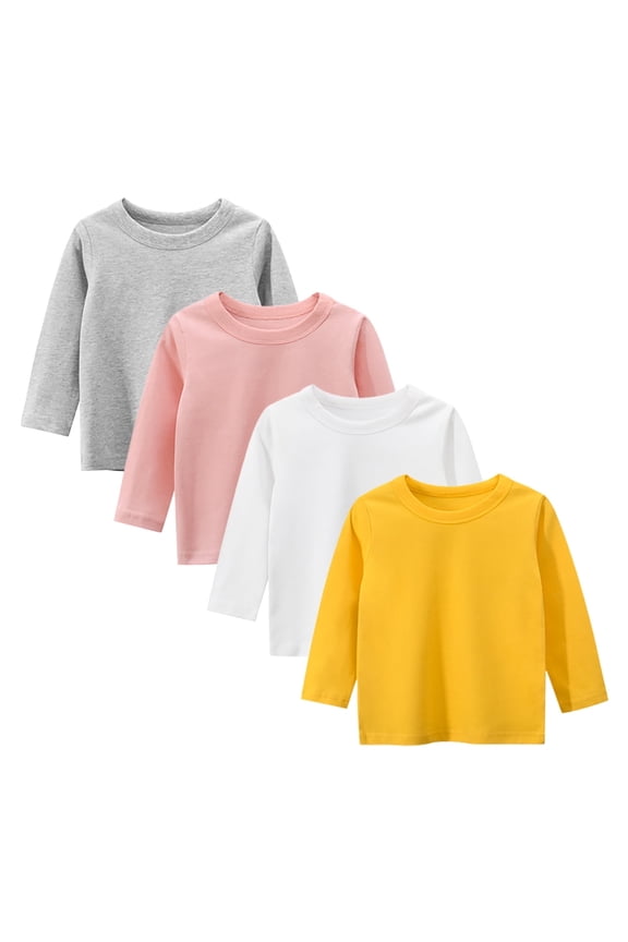 Toddler Girls 4 Packs Long Sleeve Shirts,100% Cotton Casual Crewneck Basic T-Shirt 2-7T