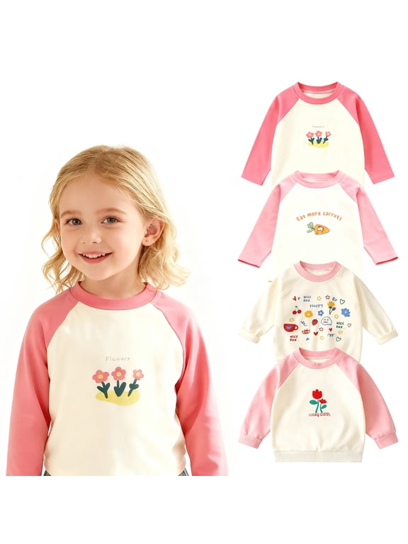 Toddler Girls 4 Packs Long Sleeve Tee Shirts,100% Cotton Casual Crewneck Graphic T-Shirt 2-5T