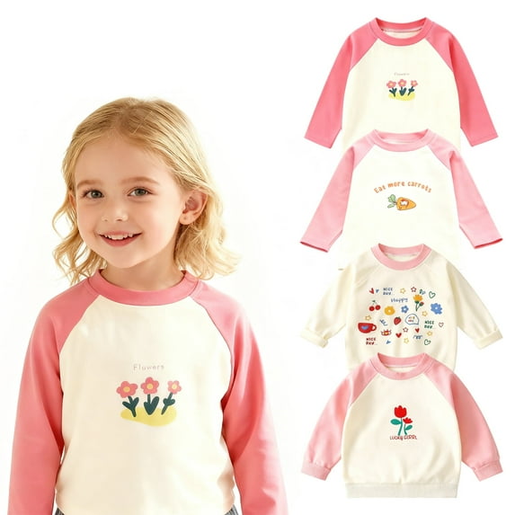 Toddler Girls 4 Packs Long Sleeve Tee Shirts,100% Cotton Casual Crewneck Graphic T-Shirt 2-5T