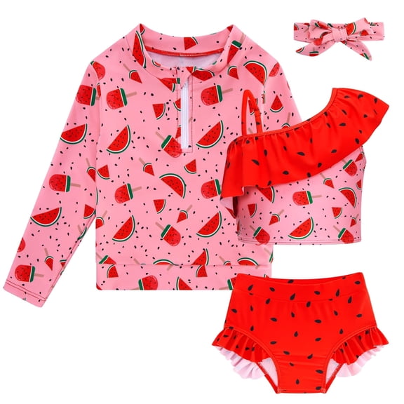 Toddler Girls 4 Piece Swimsuit Long Sleeve Rash Guard Ruffle Tankini Set Bathing Suit With Headband Little Girls 2-6T