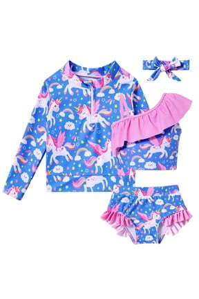 Toddler Girls 4 Piece Swimsuit Long Sleeve Rash Guard Ruffle Tankini Set Bathing Suit With Headband Little Girls 2-6T