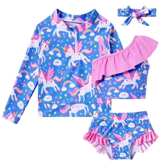 Toddler Girls 4 Piece Swimsuit Long Sleeve Rash Guard Ruffle Tankini Set Bathing Suit With Headband Little Girls 2-6T