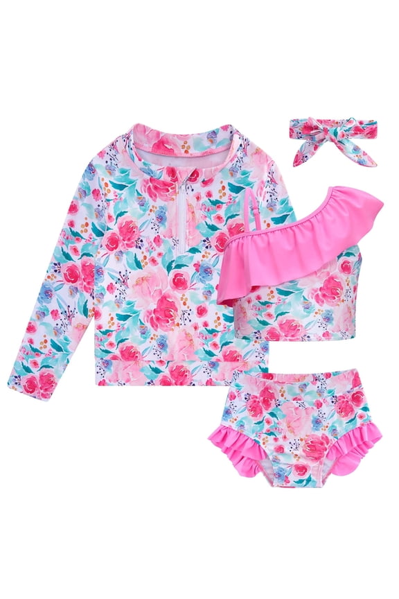 Toddler Girls 4 Piece Swimsuit Long Sleeve Rash Guard Ruffle Tankini Set Bathing Suit With Headband Little Girls 2-6T