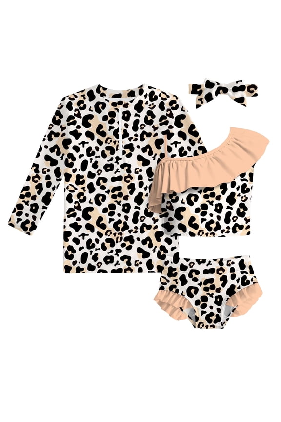 Toddler Girls 4 Piece Swimsuit Long Sleeve Rash Guard Ruffle Tankini Set Bathing Suit With Headband Little Girls 2-6T