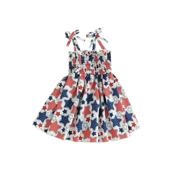Toddler Girls 4th of July Dress, Star Print Sleeveless Dress Spaghetti Strap A-Line Dress for Summer