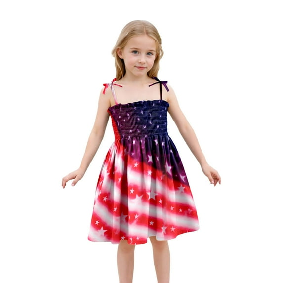 Toddler Girls 4th of July Dresses Floral Print Summer Dress With Adjustable Ties Size 1-6T